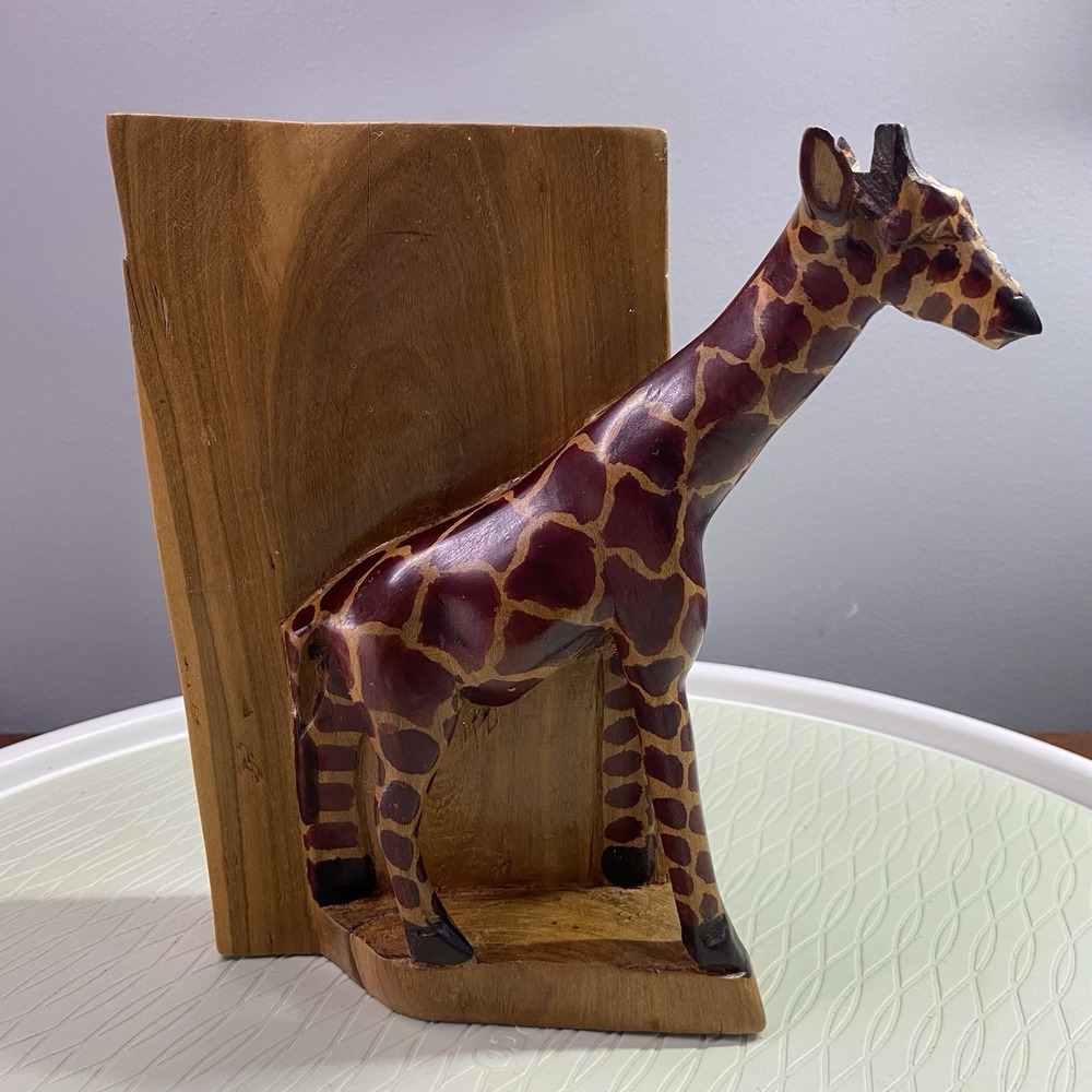 Giraffe Book End Wooden Hand‎ Carved - Safari Jungle Animal Nursery 8"